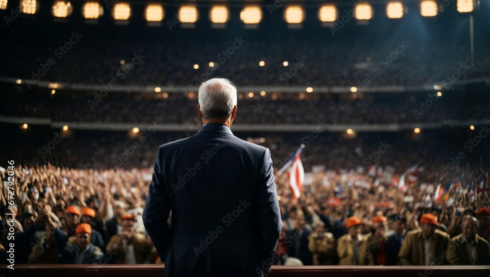 Rear view of senior politician during the election speech in front of the crowd, generative ai illustration Rear view of senior politician during the election speech in front of the crowd, generative ai illustration