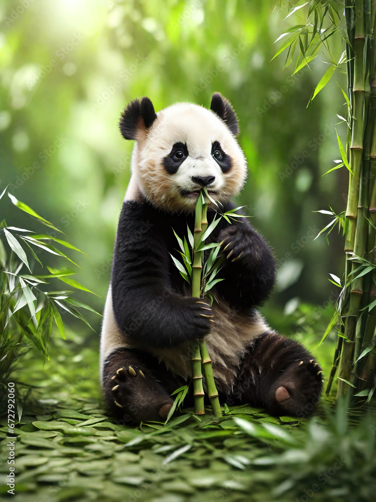 Obraz premium Cute young panda eating bamboo leaves, generative ai illustration