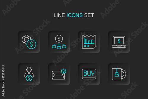 Set line Cup of tea, Buy button, Mail and e-mail, Business investor, Laptop with dollar, Document graph chart, Hierarchy and Gear symbol icon. Vector