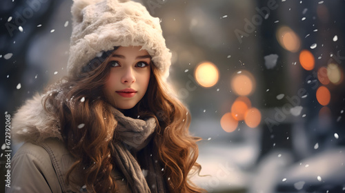 Beautiful girl in winter snowy park 