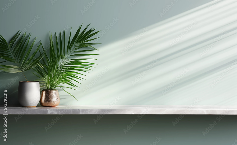Photo of interior design with palm leaves on wooden table Photo of interior design with palm leaves on wooden table