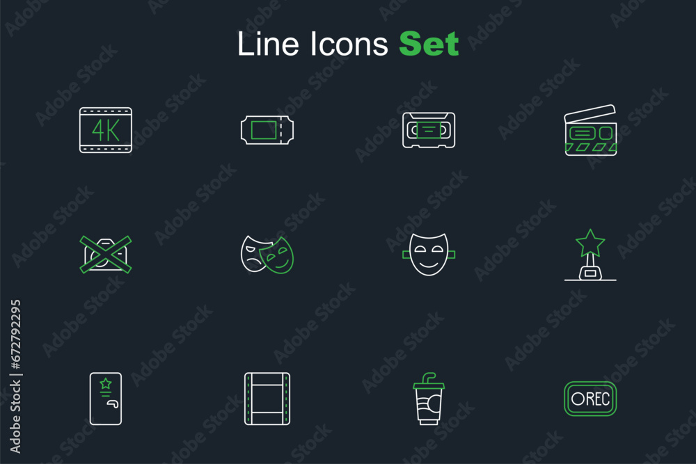 Set line Record button, Paper glass with water, Play video, Backstage, Movie trophy, Comedy theatrical mask, and tragedy masks and Prohibition no recording icon. Vector Set line Record button, Paper glass with water, Play video, Backstage, Movie trophy, Comedy theatrical mask, and tragedy masks and Prohibition no recording icon. Vector