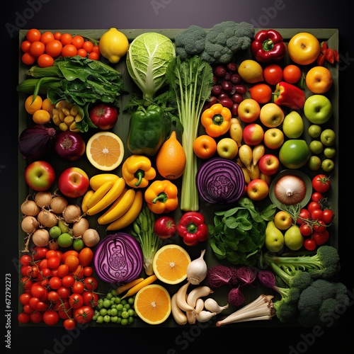 fruits and vegetables a full table black background fresh