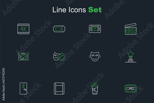 Set line Record button, Paper glass with water, Play video, Backstage, Movie trophy, Comedy theatrical mask, and tragedy masks and Prohibition no recording icon. Vector
