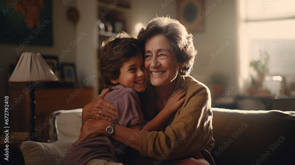 A boy hugs his grandmother.