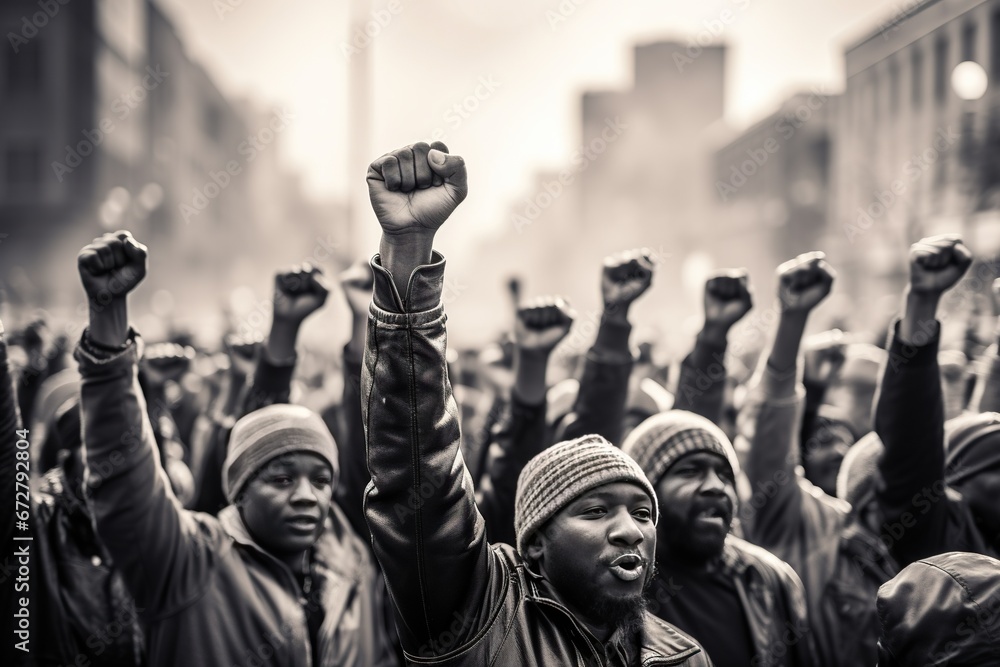 A group of dark-skinned adults raising their fists in protest during a street demonstration. Black History Month - obrazy, fototapety, plakaty 
