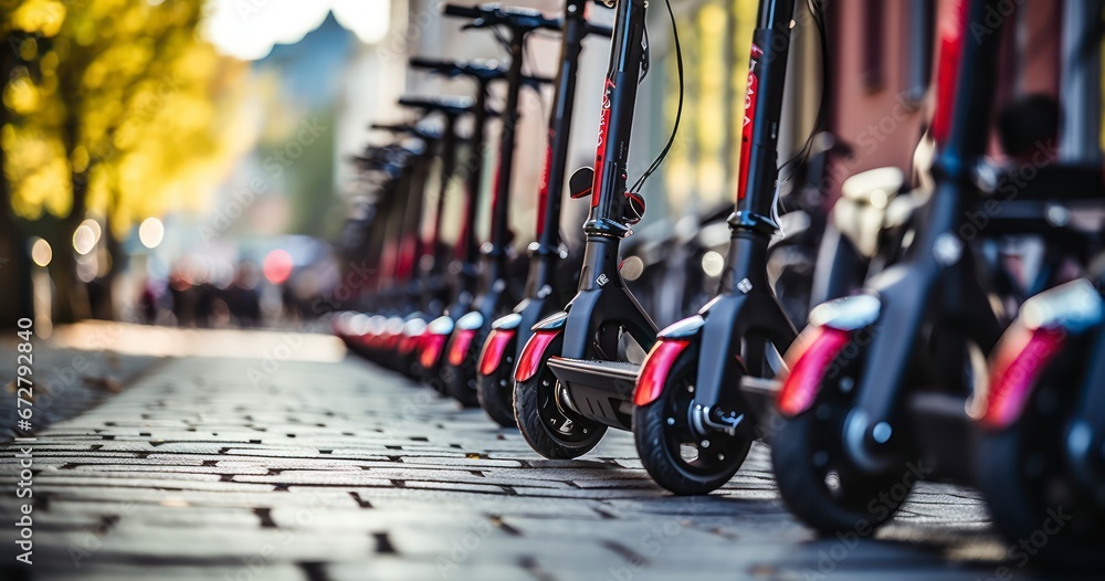 Several red e-scooters stand in a row for rent. Electric scooters waiting at the curb ready to be rented and driven away. generative AI - obrazy, fototapety, plakaty 