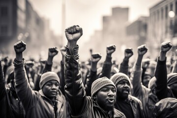 A group of dark-skinned adults raising their fists in protest during a street demonstration. Black History Month