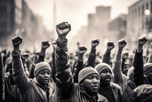 A group of dark-skinned adults raising their fists in protest during a street demonstration. Black History Month