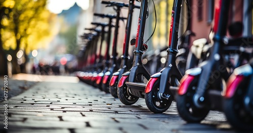 Several red e-scooters stand in a row for rent. Electric scooters waiting at the curb ready to be rented and driven away. generative AI photo