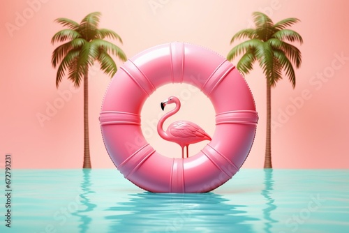 Flamingo pool ring and summer on pink background with tropical holiday concept. Generative AI