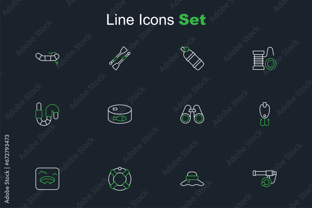 Set line Fishing rod, Fisherman hat, Lifebuoy, Winter fishing, lure, Binoculars, Canned and Worm icon. Vector Set line Fishing rod, Fisherman hat, Lifebuoy, Winter fishing, lure, Binoculars, Canned and Worm icon. Vector
