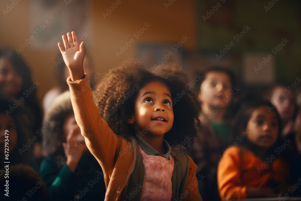 Enthusiastic Black Children Raise Hands in Class - obrazy, fototapety, plakaty 