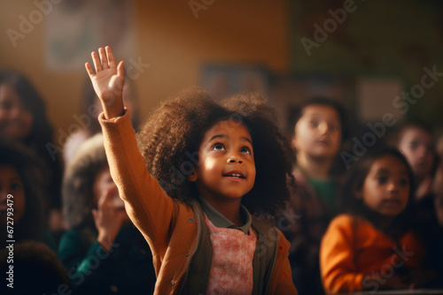 Enthusiastic Black Children Raise Hands in Class photo