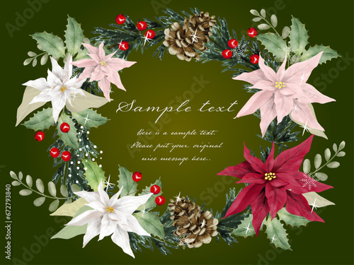 ヒイラギとポインセチアと松ぼっくりのクリスマスリース　クリスマスカード　リアルな手描きの水彩イラスト　ベクターイラスト