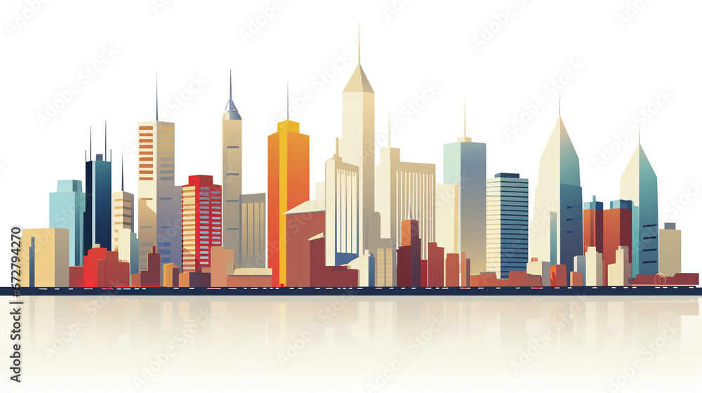Skyline of a big city filled with skyscrapers. 2D flat image illustration of buildings in various colors.
