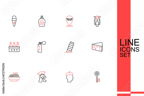 Set line Old key, French man, Roman army helmet, Pasta spaghetti, Cheese, Leaning tower in Pisa, Perfume and Bottles of wine icon. Vector