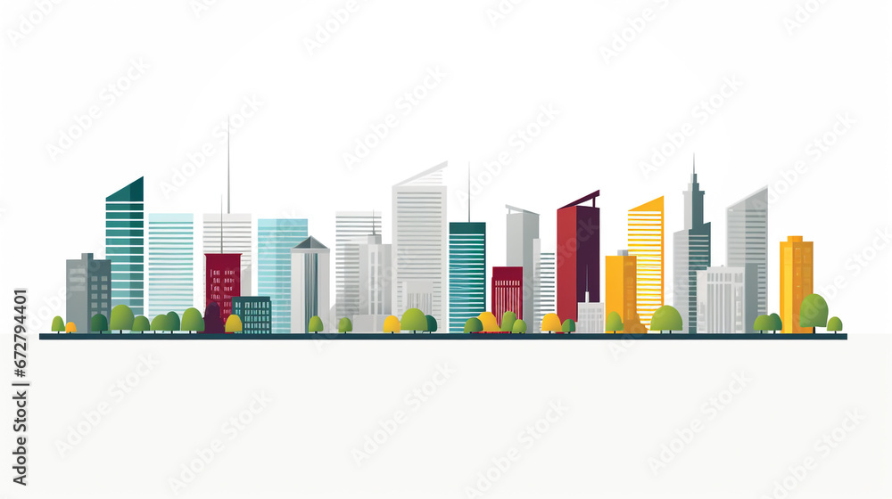 Skyline of a big city filled with skyscrapers. 2D flat image illustration of buildings in various colors.