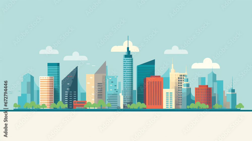 Skyline of a big city filled with skyscrapers. 2D flat image illustration of buildings in various colors. - obrazy, fototapety, plakaty 
