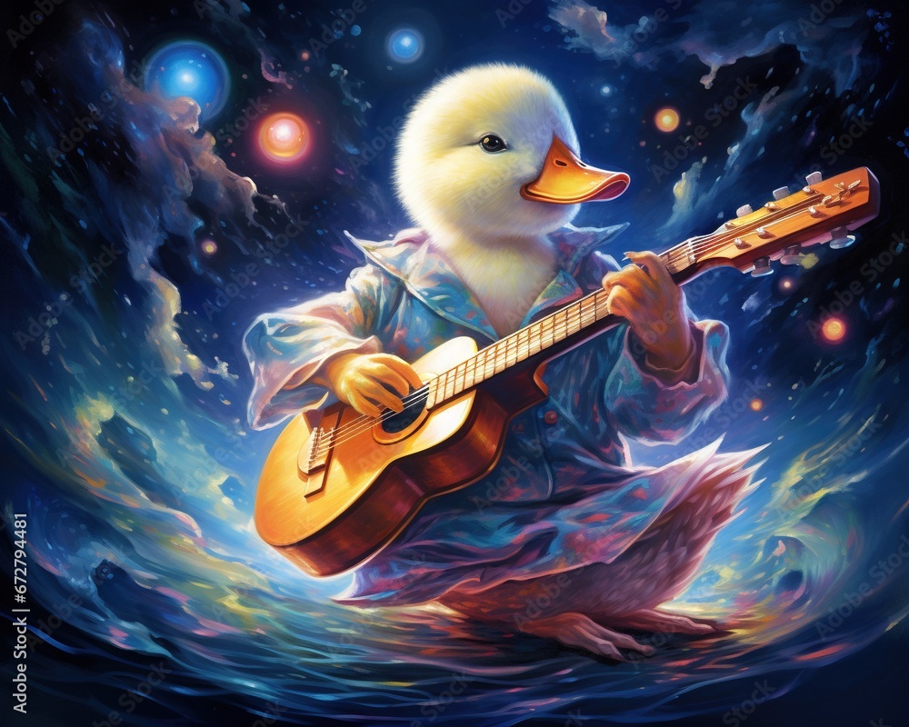 Duck Quantum composer harmonizing with cosmic vibrations - obrazy, fototapety, plakaty 