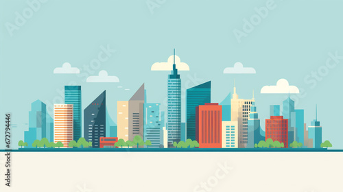 Skyline of a big city filled with skyscrapers. 2D flat image illustration of buildings in various colors. photo
