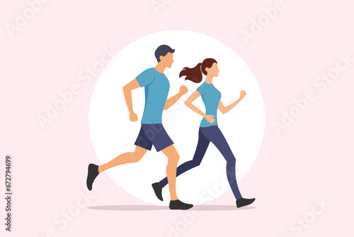 male and female couple participating sports race or run marathon. runner running. People exercise and have a healthy lifestyle. love Vector illustration.