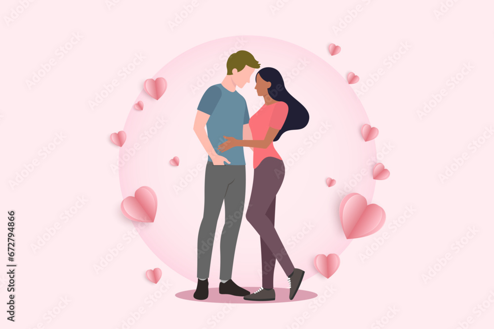 people falling in love. wedding couple men and women standing hugging and love sharing.beginning of a couple relationship.love vector illustration.