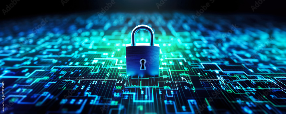 Padlock over glowing abstract electronic circuit background, wide banner - cyber security concept. Generative AI - obrazy, fototapety, plakaty 