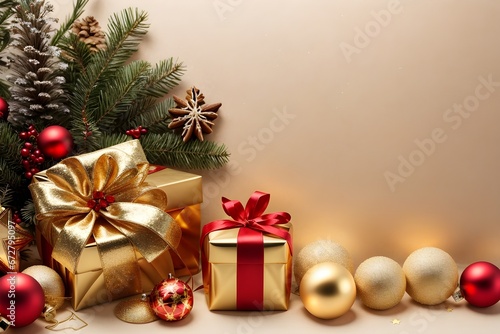 Christmas tree with gift box. Christmas Decoration Background. Banner. Generative AI. © Jolie