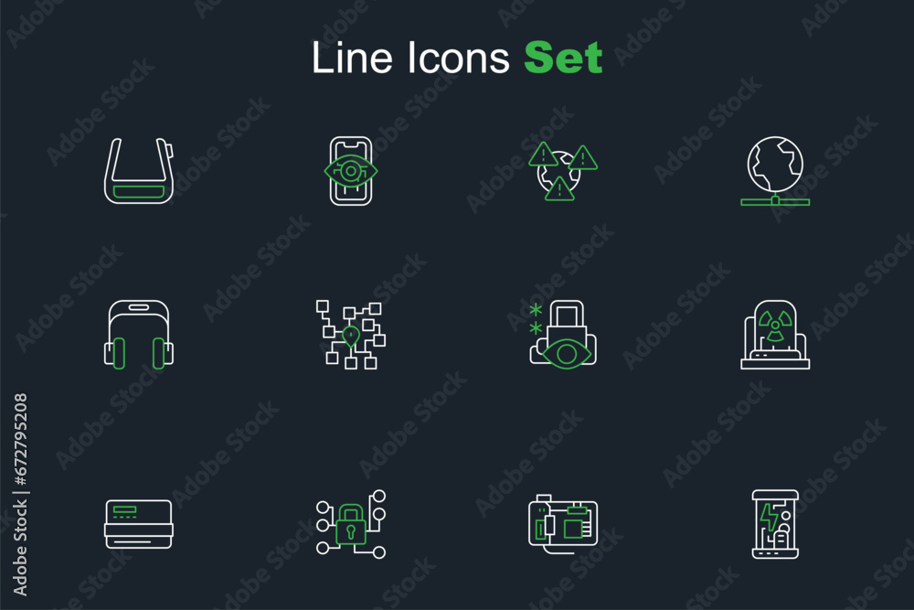 Set line Cryogenic capsules, Motherboard, Cyber security, Credit card, Radioactive warning lamp, Neural network and Headphones icon. Vector Set line Cryogenic capsules, Motherboard, Cyber security, Credit card, Radioactive warning lamp, Neural network and Headphones icon. Vector