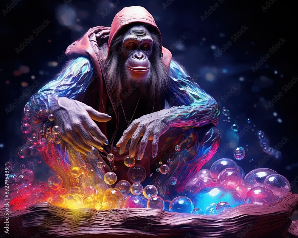 Monkey Holographic artist crafting ethereal sculptures