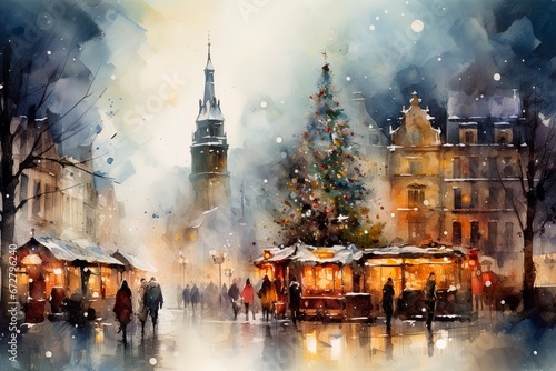 Traditional Christmas market in Germany watercolor illustration background. Weihnachtsmarkt.