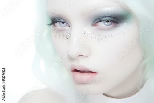 A beautiful person with illuminated subdermal biomorphic pores, white mint green, eye shadow, cybergoth fashion, ethereal lighting. generative AI