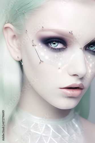 A beautiful person with illuminated subdermal biomorphic pores, white mint green, eye shadow, cybergoth fashion, ethereal lighting. generative AI