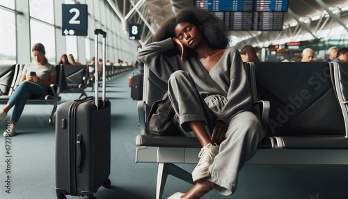 Photo of a weary traveler at an airport, a African female dressed in casual attire, seated with their eyes closed and leaning against their luggage, embodying the fatigue of journey photo