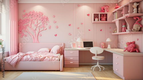 New decor of stylish pink girls room. Pink little princess room with desk and chair. generative ai