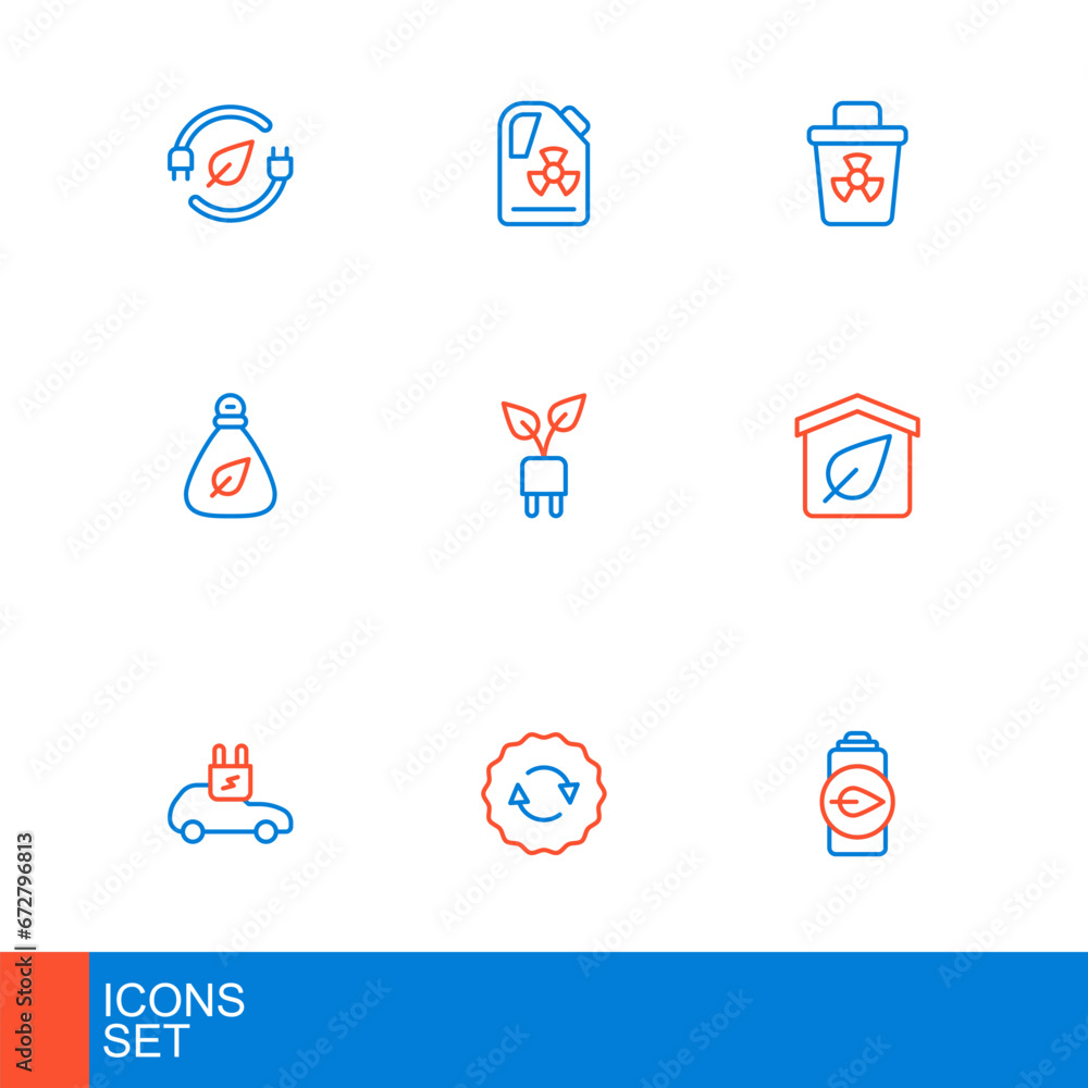Set line Eco nature leaf battery, Recycle symbol, Electric car, friendly house, Garbage bag, saving plug in, Infectious waste and Radioactive barrel icon. Vector Set line Eco nature leaf battery, Recycle symbol, Electric car, friendly house, Garbage bag, saving plug in, Infectious waste and Radioactive barrel icon. Vector