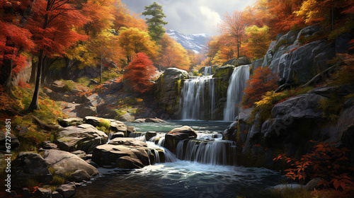 perfect autumn and waterfall landscape with oil painting effect 