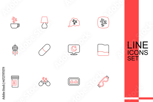 Set line Eye sleep mask, Earplugs with storage box, Sleeping pill, Pillow, Moon and stars, and Dream catcher feathers icon. Vector
