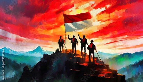 Silhouettes of soldiers placing Indonesia national flag on the peak of a mountain
