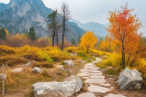 Nature landscape with trees, rocks, and mountains in autumn. A path runs through the center. Generative AI