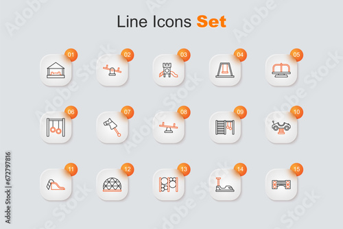 Set line Playground kids bridge, Bumper car, climbing equipment, Slide playground, Swing, Swedish wall and Seesaw icon. Vector