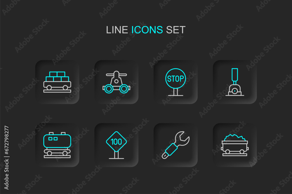 Set line Coal train wagon, Wrench spanner, Speed limit traffic sign 100 km, Oil railway cistern, Arrow for switching the, Stop, Handcar transportation and Cargo icon. Vector Set line Coal train wagon, Wrench spanner, Speed limit traffic sign 100 km, Oil railway cistern, Arrow for switching the, Stop, Handcar transportation and Cargo icon. Vector
