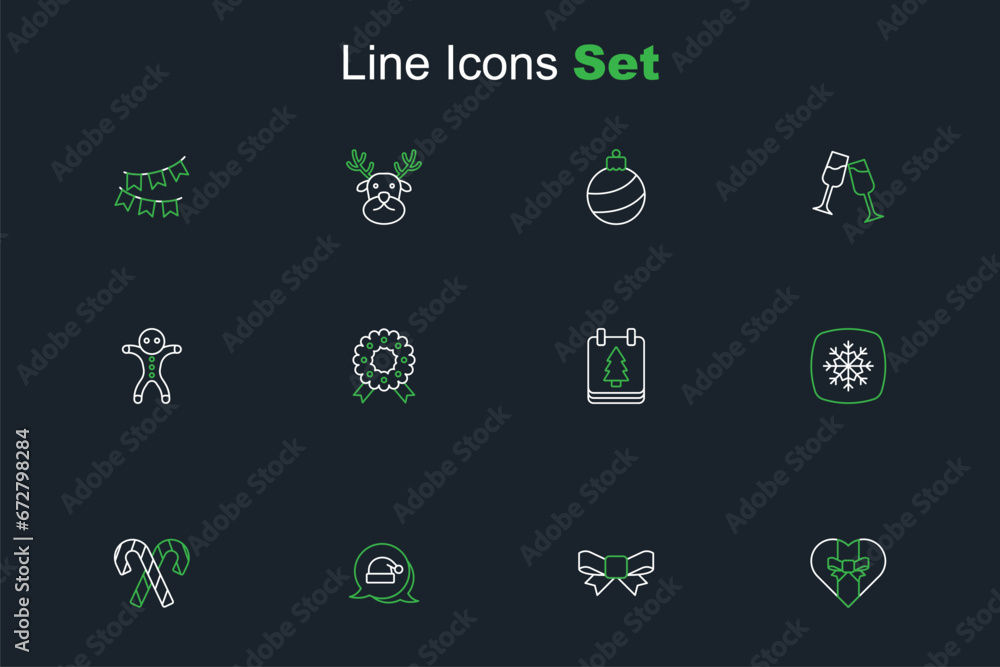 Set line Gift box, bow, Christmas Santa Claus hat, Candy cane with stripes, Snowflake, day calendar, wreath and Holiday gingerbread man cookie icon. Vector Set line Gift box, bow, Christmas Santa Claus hat, Candy cane with stripes, Snowflake, day calendar, wreath and Holiday gingerbread man cookie icon. Vector