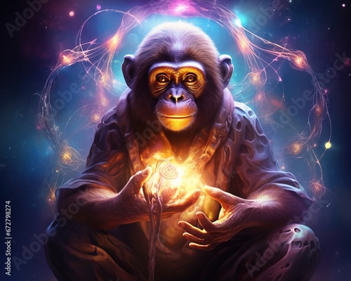 Monkey Quantum alchemist transmuting elements with consciousness