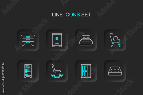Set line Mattress, Wardrobe, Armchair, Lamp hanging, Big bed, and Chest of drawers icon. Vector
