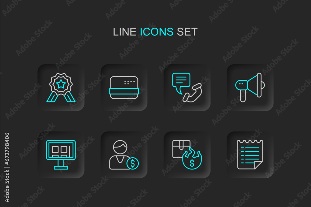 Set line Wish list template, Hot price, Buyer, Online shopping on screen, Megaphone, Telephone 24 hours support, Credit card and Stars rating icon. Vector Set line Wish list template, Hot price, Buyer, Online shopping on screen, Megaphone, Telephone 24 hours support, Credit card and Stars rating icon. Vector