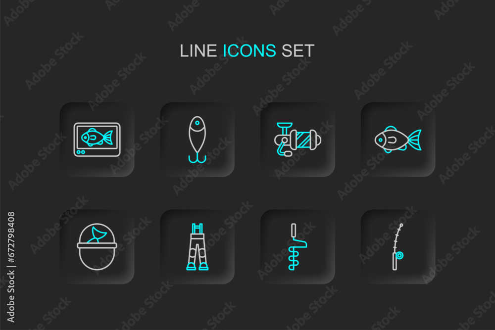 Set line Fishing rod, Hand ice drill, Fisherman pants, bucket with fish, Spinning reel for fishing, lure and finder echo sounder icon. Vector