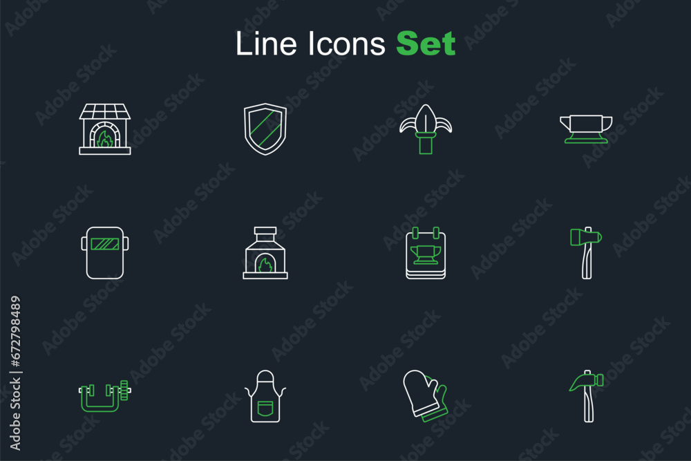 Set line Hammer, Protective gloves, Blacksmith apron, Clamp and screw tool, anvil, oven and Welding mask icon. Vector Set line Hammer, Protective gloves, Blacksmith apron, Clamp and screw tool, anvil, oven and Welding mask icon. Vector