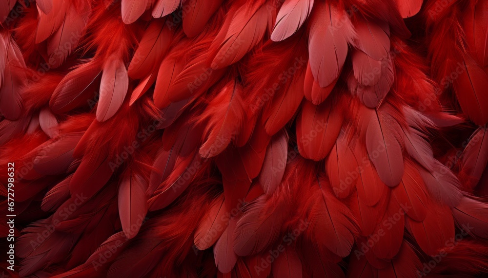 Intricate red feather texture background, detailed digital artwork showcasing majestic bird feathers